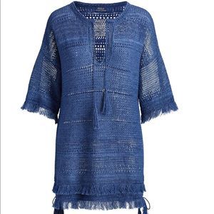 Polo Ralph Lauren Fringed Blue Linen Woven Tunic Top Size Medium